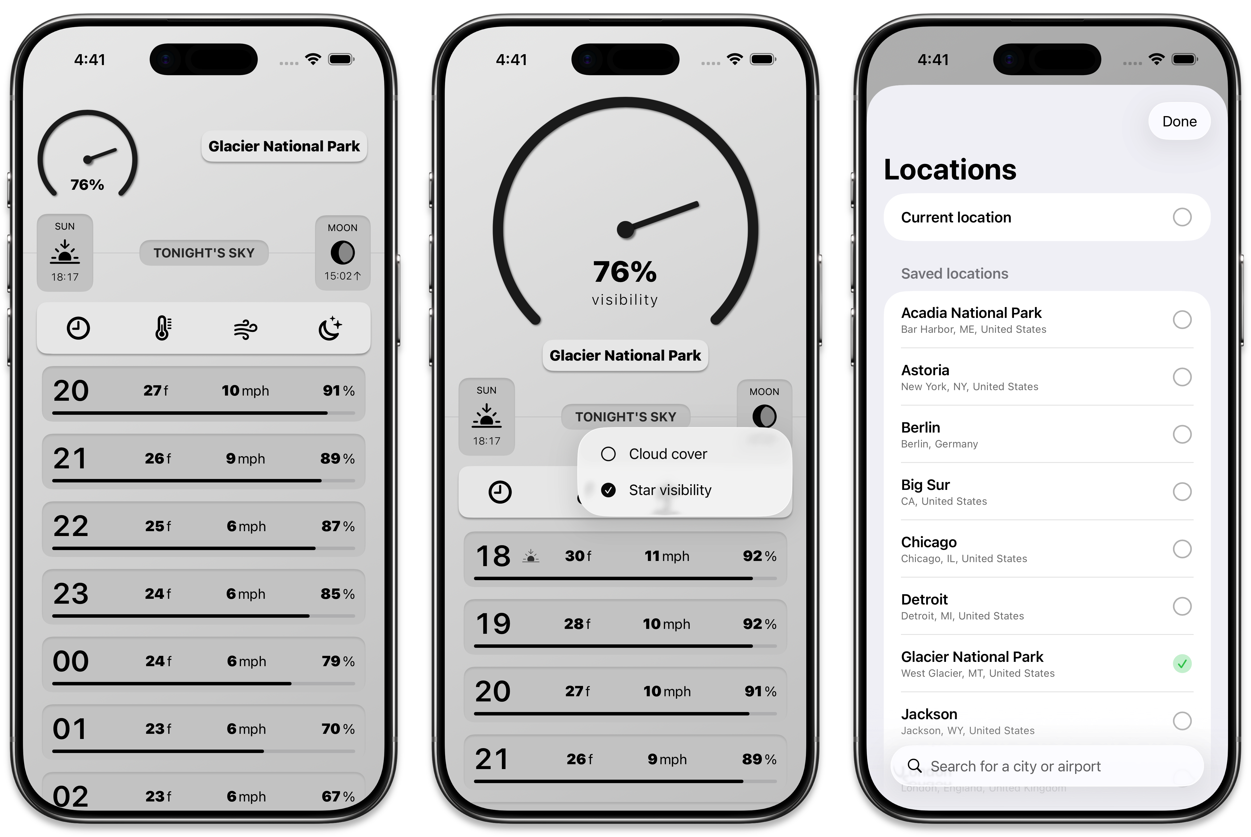 Screenshots of Enceladus, showing it with a compact gauge, visibility options, and the location picker..