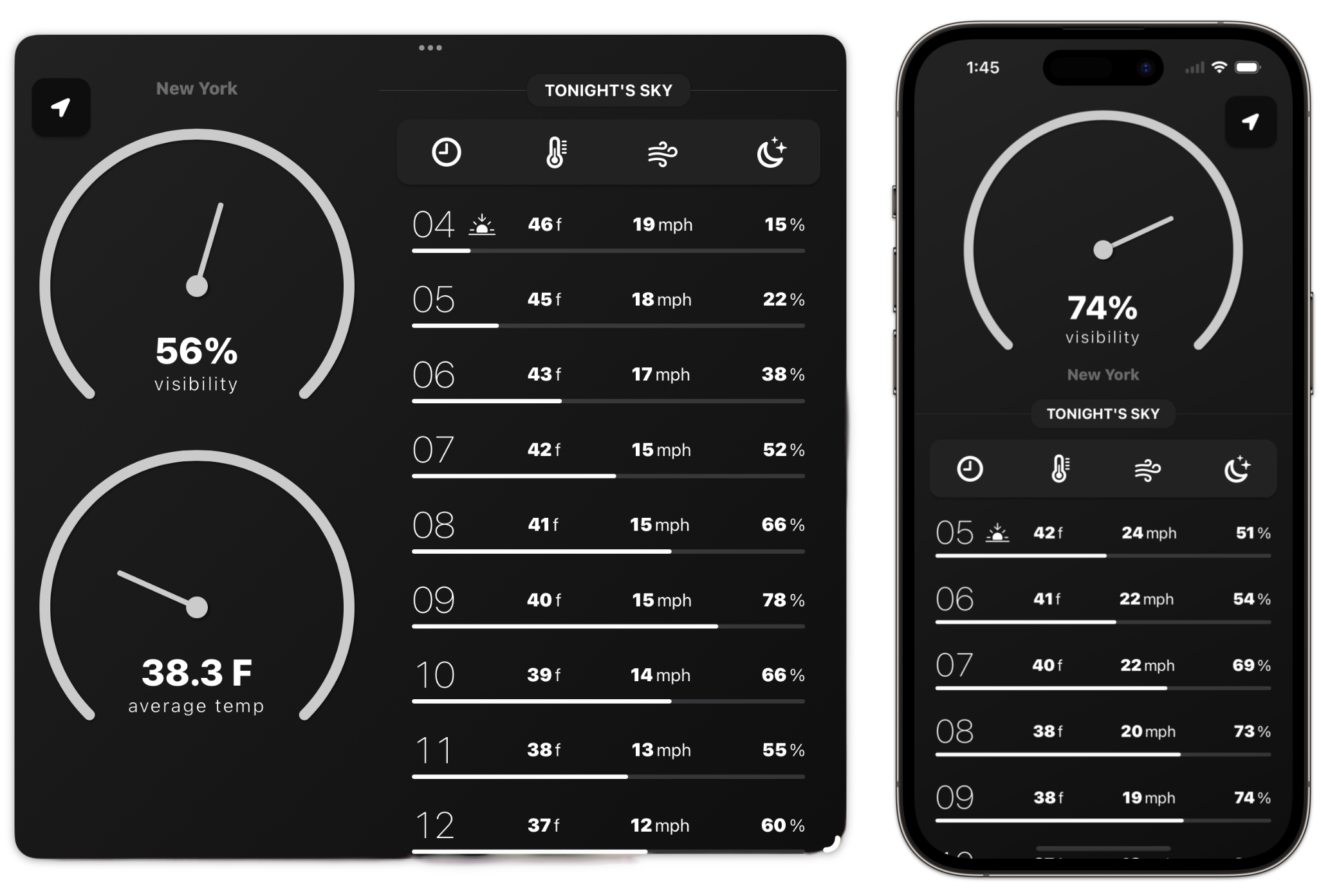 Screenshots of the iPadOS and iOS versions of Enceladus, depicting night sky visibility for the night.