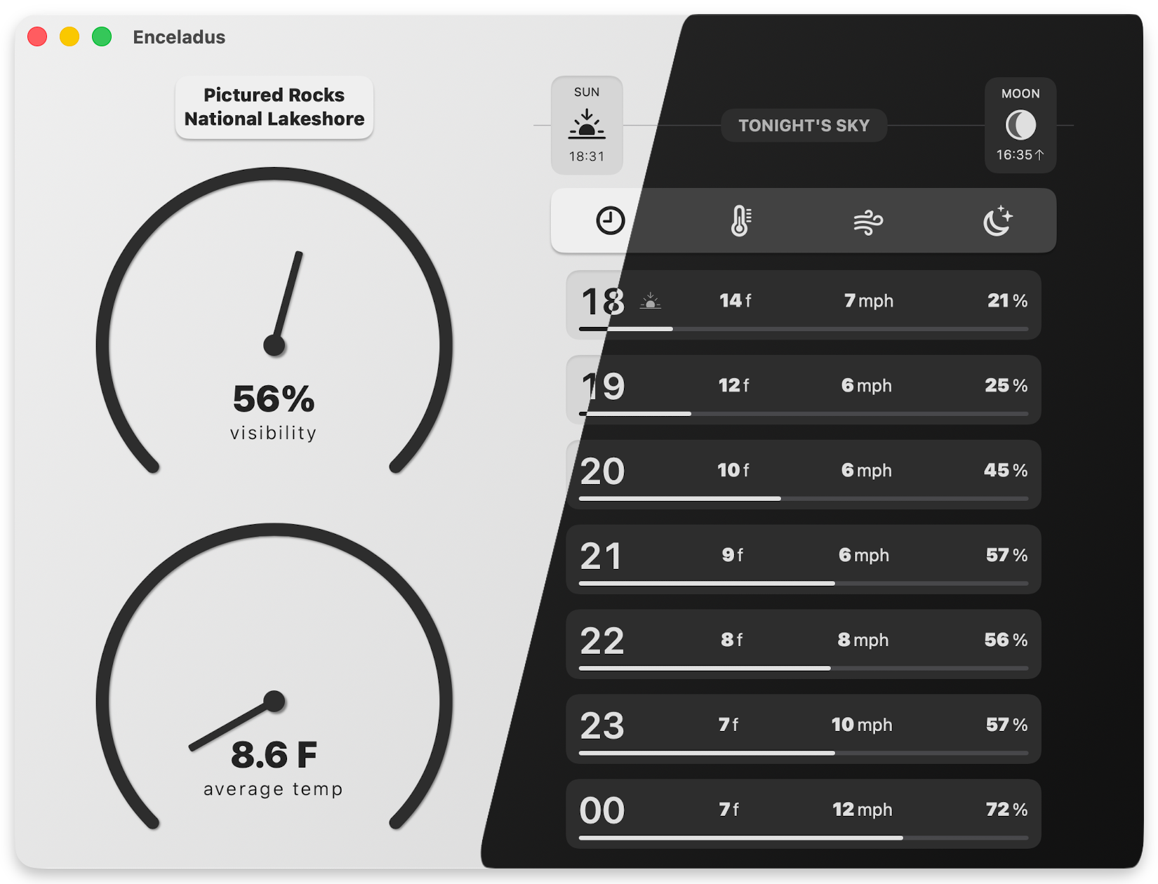 Screenshots of Enceladus, showing it with a compact gauge, visibility options, and the location picker..